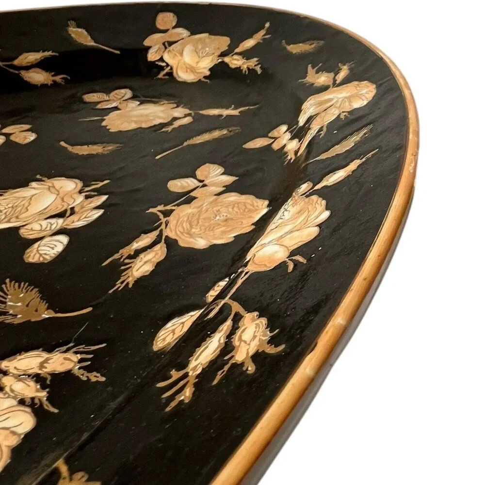 VTG Chinoiserie Polychrome Black‎ Gold Gilt Rose Floral Porcelain Platter Large